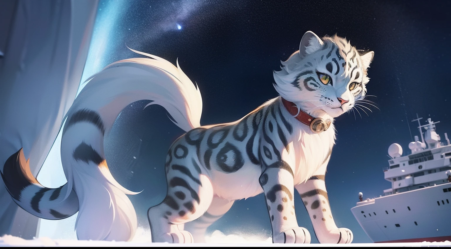 Furry Fur,Furry snow leopard,Lovely image,snow leopard,Cute furry,Research ship,Beautiful aurora, Long, Fluffy tail,In the Arctic,The ship is brightly lit,Cubs,is in night,nigh sky, Winters,stars,Close-up of cute characters