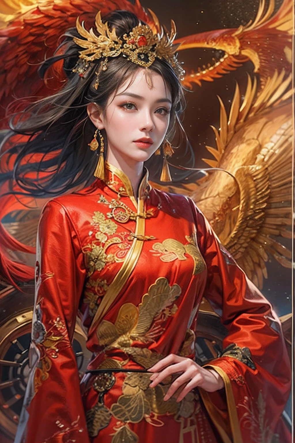 (Masterpiece, best quality: 1.2), a girl with phoenix wings standing in a ring of fire, with glowing red eyes, phoenix, lotus flowers, red gold pink, sunrise from mountain at the background, old china buildings