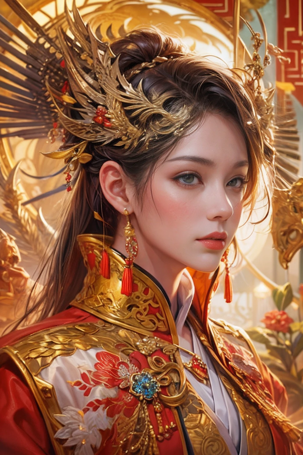 A woman in a red Chinese costume stands next to a supercar,Exquisite phoenix crown,luxurious wheels,anatomy correct,A detailed eye, 二重まぶた,Whiten skin,delicate patterned,Oriental elements,Ink painting style, Clean colors,Golden space, Soft lighting, ( Bokeh),Masterpiece, Super detailed, Epic composition, Highest quality, 4K