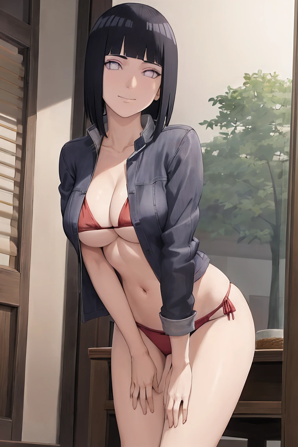 Hinata Hyuga,Spaltung,smil,Rot im Gesicht sein,drinnen im Zimmer,Nahaufnahme Nahaufnahme,mit einer guten Figur,Vorderansicht,stehend,Arms hang straight down,mid large breasts,Skinny Jeans,offene jacke mit Bikini,