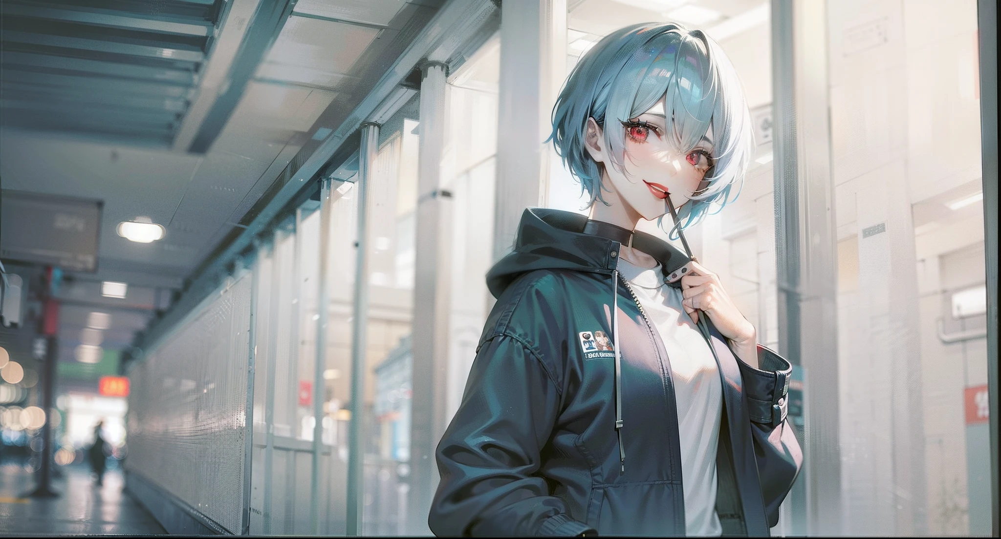 Anime image of a woman with light blue hair and a black jacket, A white shirt is worn under a black jacket，red lipstick on his mouth，Look at you with red eyes，Smile at you，Anime girl Rei Ayanami Majin, Leaning on the pillars of the subway，from evangelion