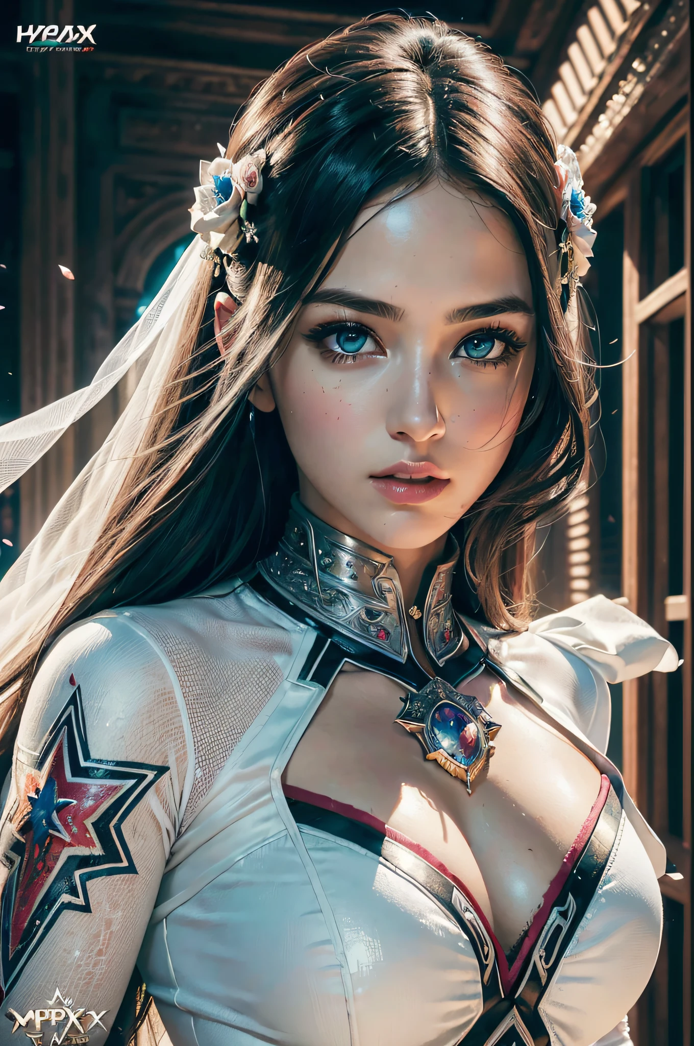 wedding day, best quality, masterpiece, (realistic:1.2), detailed face, beautiful eyes, (masterpiece, top quality, best quality, official art, beautiful and aesthetic:1.2), (1girl:1.4), extreme detailed, (Super-woman Comic cover art:1.1), (Action painting:1.2), (concretism:1.2), theater dance scene, (hypermaximalistic:1.5), colorful, highest detailed,