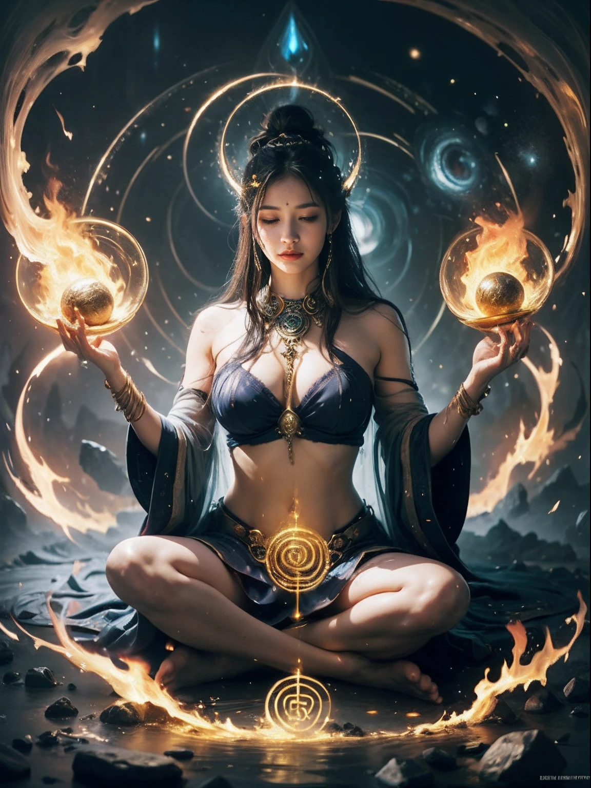 Immortal goddess, super beautiful, 8k, super big breasts, meditating, sheer cloth covers most of her body, sitting cross-legged, golden luminous magic circle rotating behind her, magical aura surrounding her parts, magical, fantasy, milky way background, 4 elements  fire water wind the earth surrounds it,