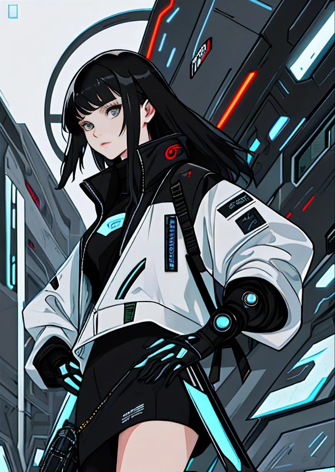 cyber punk perssonage,beuaty girl,16 yaers old,High picture quality,Exquisite,Black color hair,Gray eye,mid - length hair,hair straight,incomparable beauty,Modern style clothing,M-shaped bangs,Pale clothing