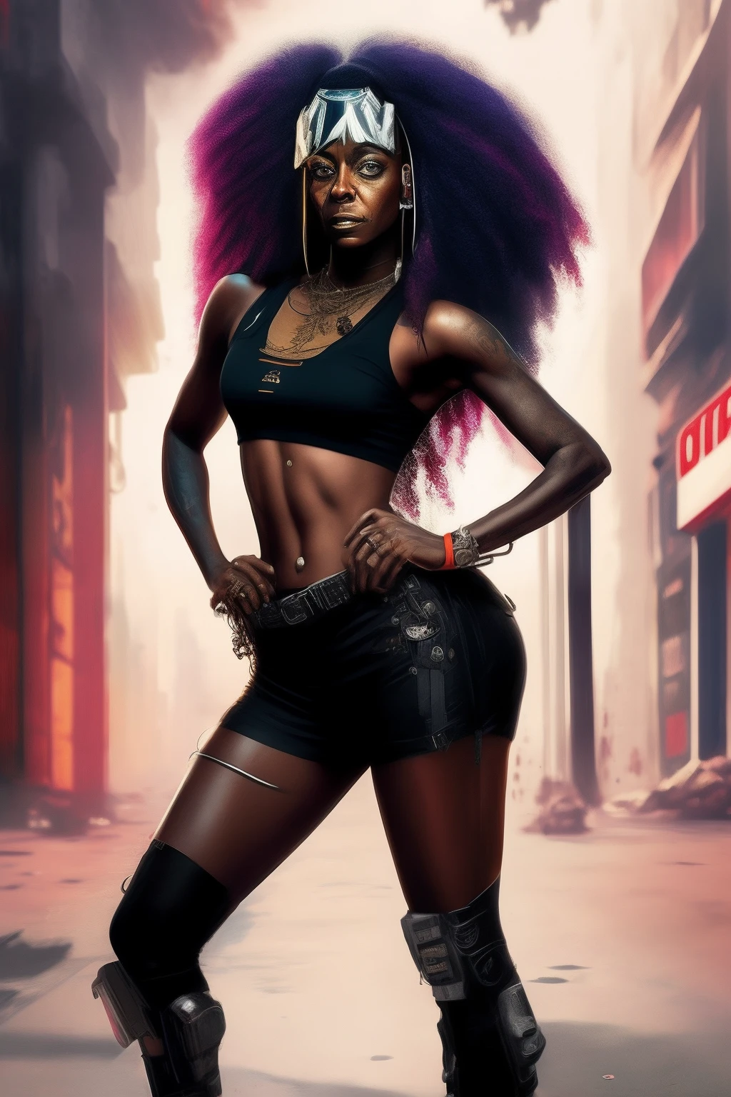 Guerreira de pele negra cyberpunk.