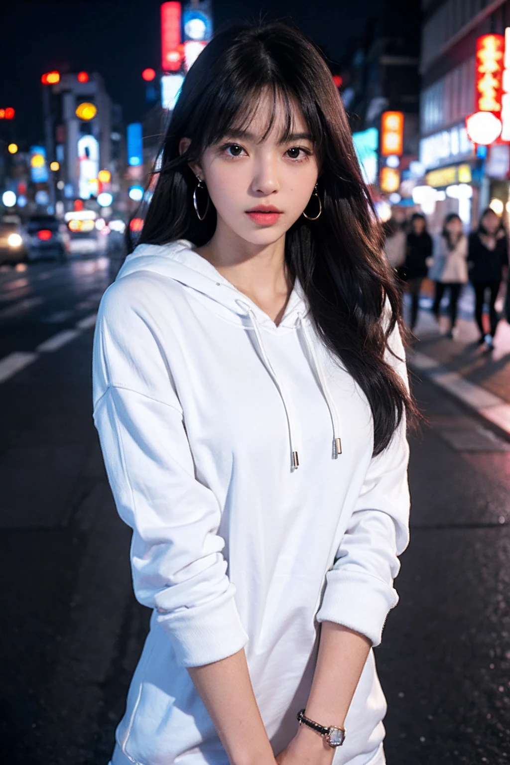 1girl, Tokyo street,night, cityscape,city lights,upper body,close-up, 8k, RAW photo, best quality, masterpiece,realistic, photo-realistic, white hoodie, 173cm, long hair that reaches waist,black octagon earings, black bracelet