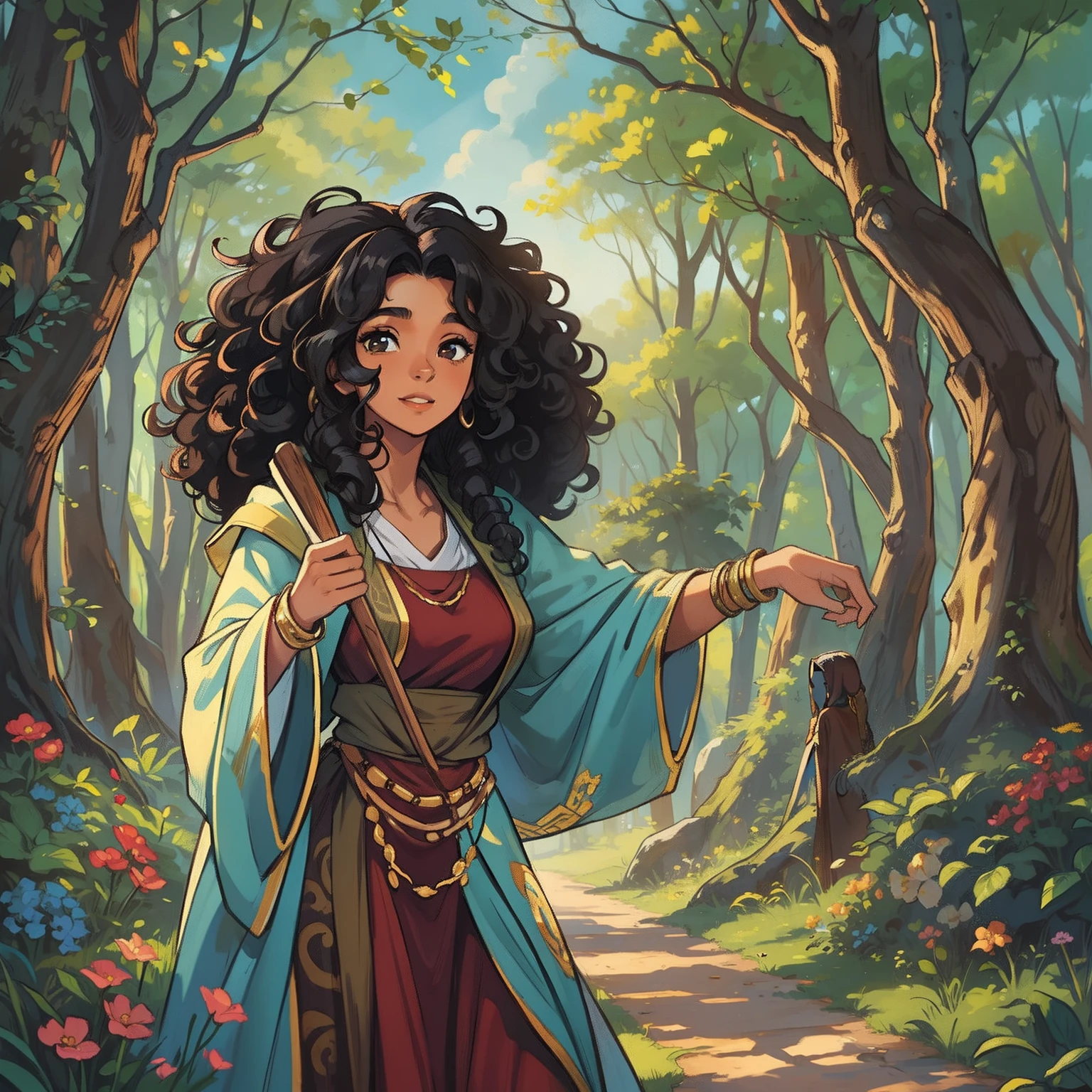 A woman A young teenage girl with long curly black hair curly curly curly curly like an African princess She has a gentle smile and a slim body Lolly She wears medieval clothes of a monk woman with monk robes and stands in the middle of a magical forest with blue sky