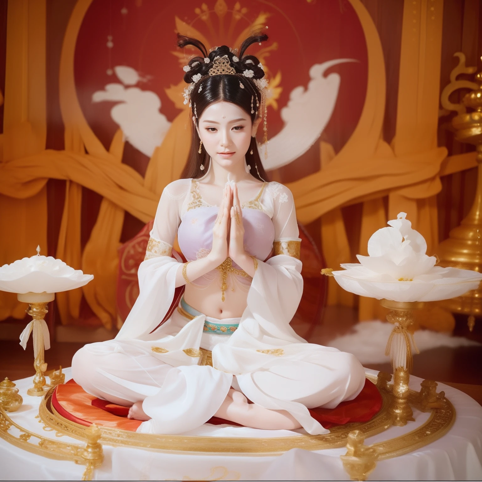 Sexy Zen concubine sitting on the altar of offering meditates，（Yoga lotus sitting），（Complete，Delicate and good-looking face），（The whole body is soaked in milky white ）