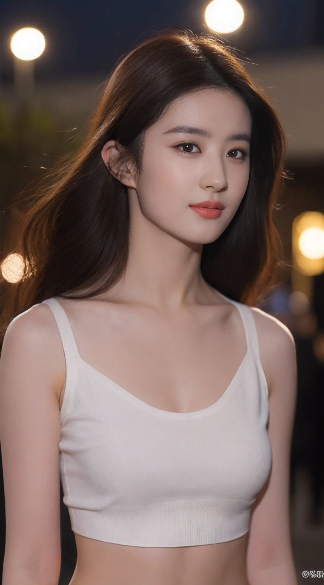 ((Realistic lighting, Best quality, 8K, Masterpiece: 1.3)), Clear focus: 1.2, 1girl, Perfect beauty: 1.4, Big breasts: 1.2, Slim abs: 1.1, ((dark brown hair)), (White crop top: 1.4), (Outdoor, night: 1.1), City streets, Super fine face, fine eyes, Double eyelids,