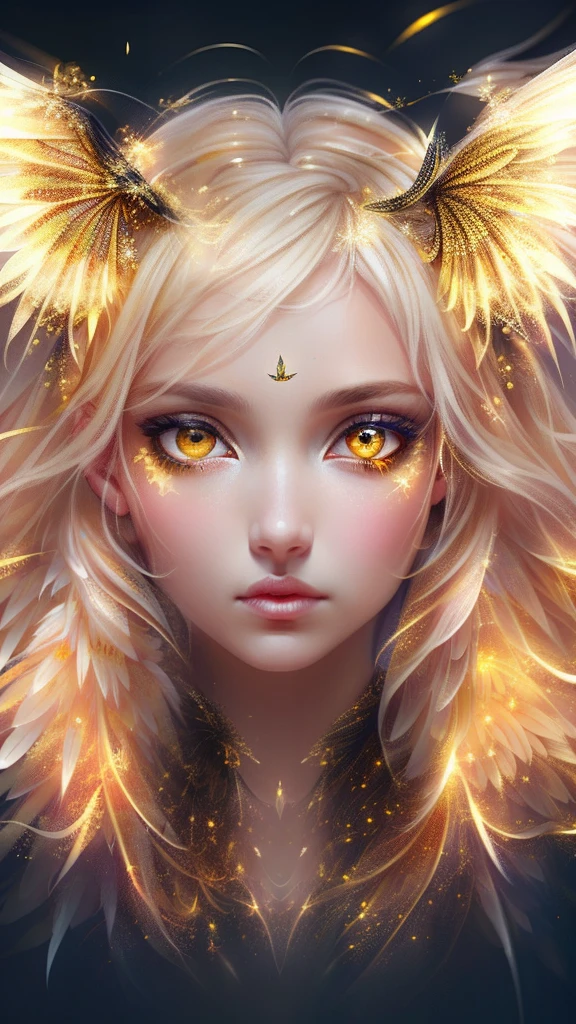 A female angel，Beautiful face，Yellow wings grow on the back、with black combined white background，beautiful yellow eyes, masterpiece，best qualtiy , ultra HD, HD, realistic