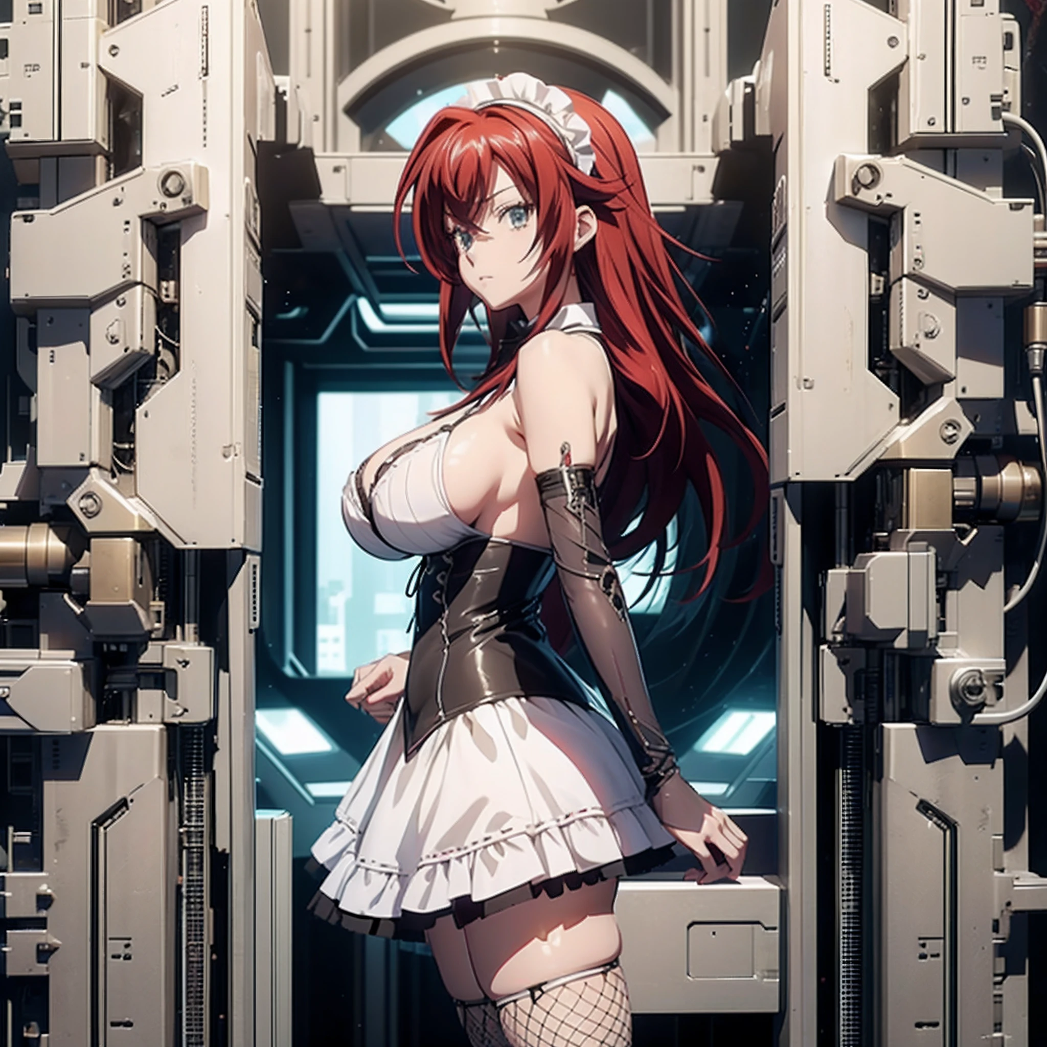 1 girl, solo, close_up, low_angle, Rias Gremory, android, robotic maid, maid_dress, low angle, smug pose, smug expression, large breasts, V-neck, boob window, leg fishnets