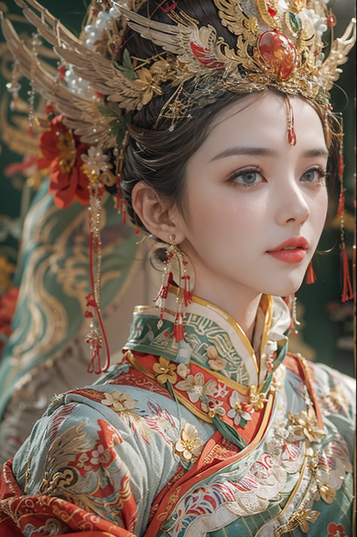 (((tmasterpiece))).(sportrait:1.3,)Palace，The princess got married，Hanfu bride，Golden Phoenix Crown，（Pearl cloud shoulder），Pearl tassels，Red and green hanfu，Solemn，(orthofacial)，A beautyful girl，Beautiful facial features，Smooth and delicate skin，skin detailed，Eyelash detailing，She has bright eyes，(She wears a phoenix crown on her head，Wearing red and green Chinese clothing，)k hd，higher details，movie picture quality，