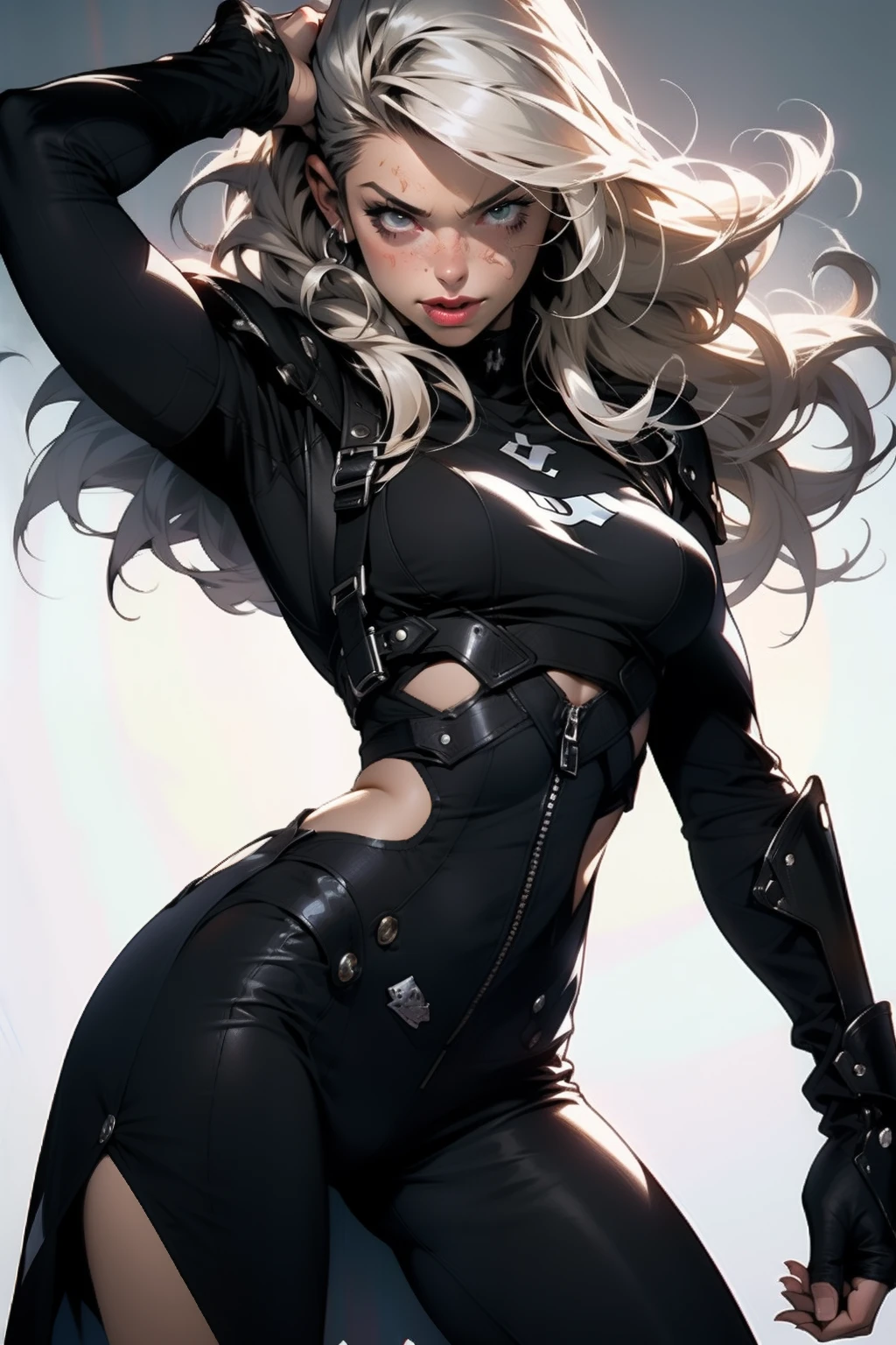 Nijistyle, ((( corpo inteiro ))), Uma guerreira mulher de 35 anos musculosa quase nua no estilo Simon Bisley para a capa da revista Heavy Metal, ((( cabelo curto ondulado loiro ))), Minimum clothing, roupas curtas, checkered on the arms, bionic hand