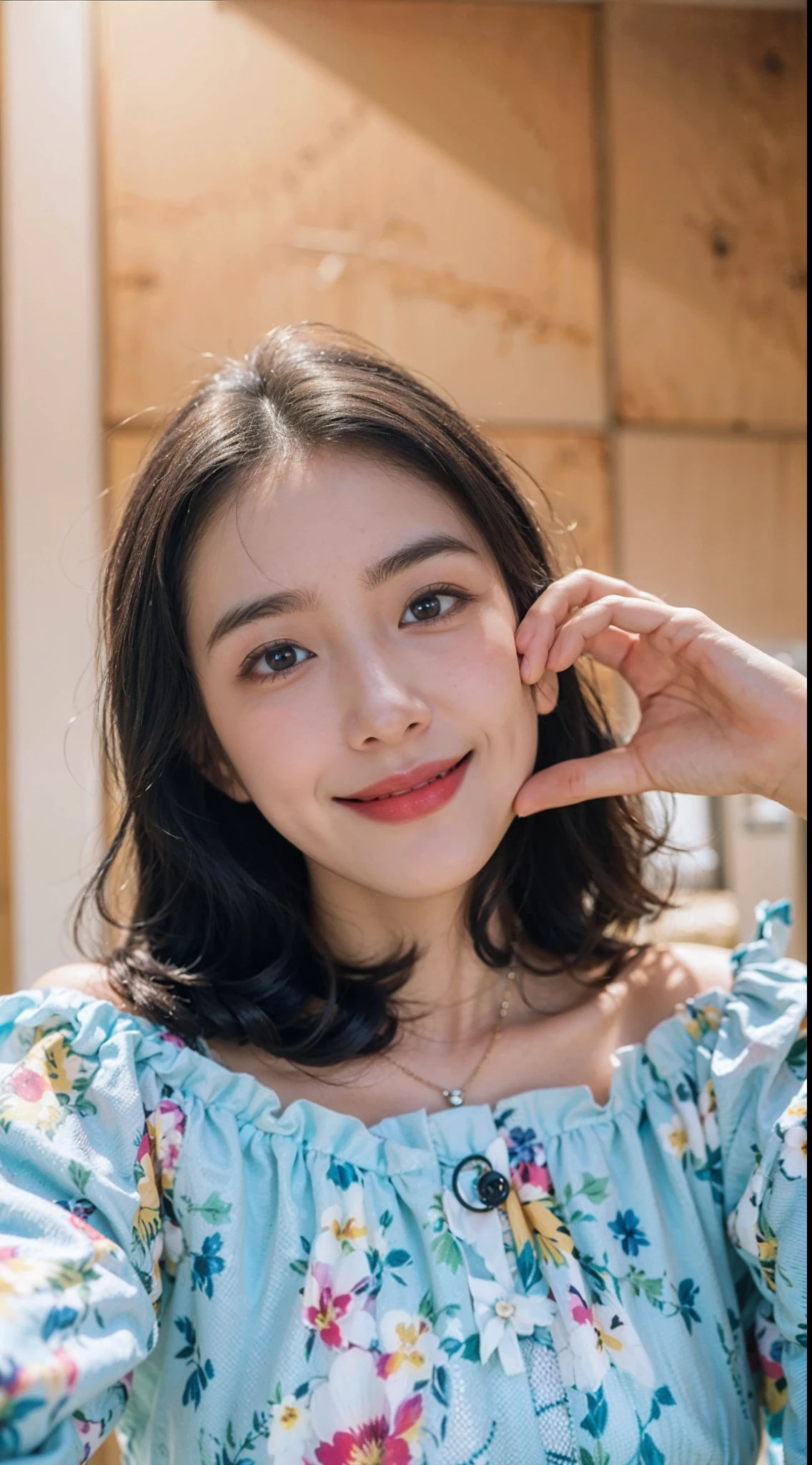there is a woman that is posing for a picture in a floral dress, 8k selfie photograph, young cute wan asian face, slight cute smile, lovely smile, smiling sweetly, young cute face, she is smiling and happy, charming smile, anime thai girl, clear cute face, perfect smile, she is smiling, small heart - shaped face