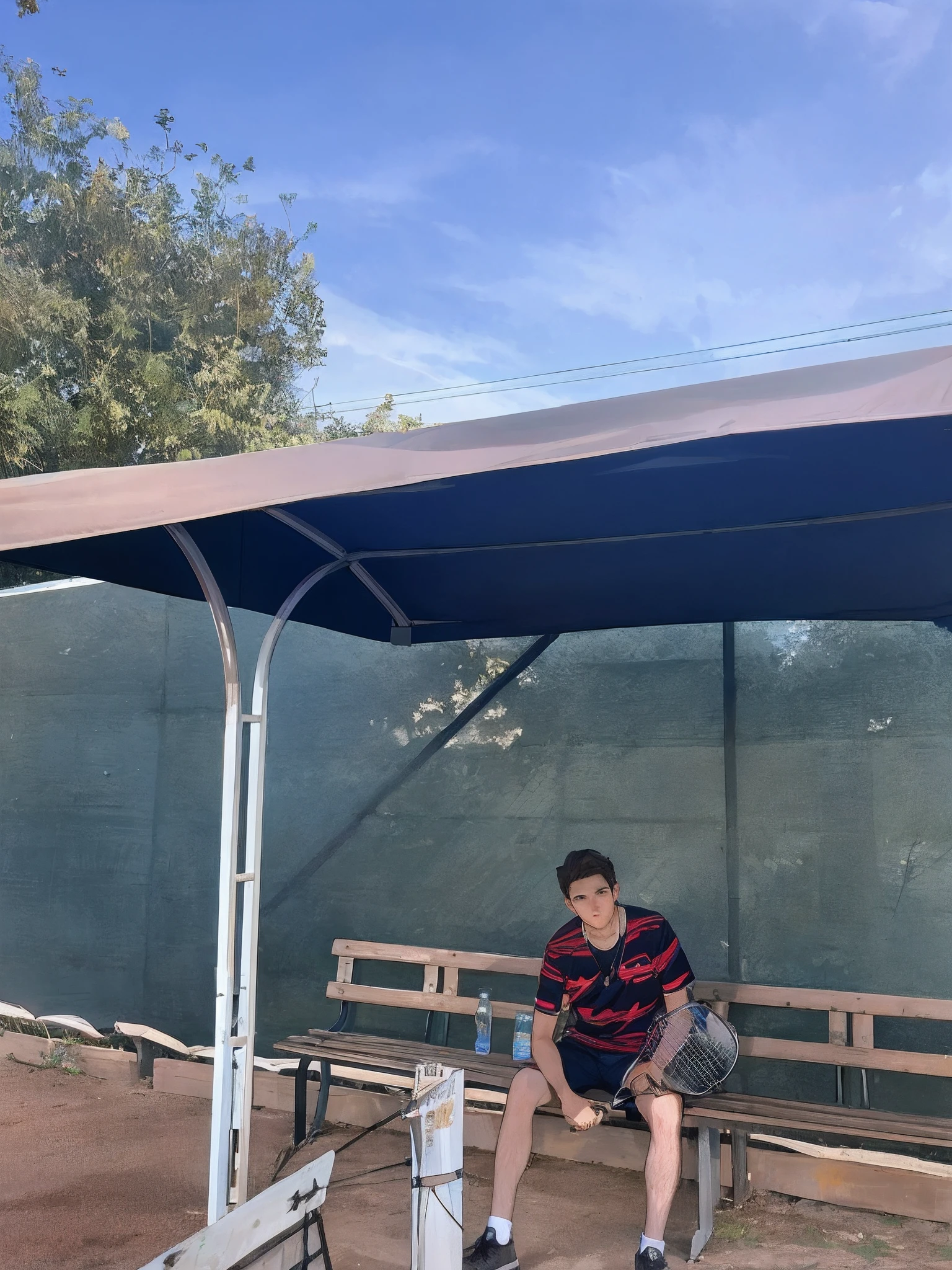A man sits on a bench under a canopy, Well-shaded, Sheds, bottom angle, The center of the picture, shaded, edited, Side Shot, Good afternoon lighting, clean image, Photo in the middle of the picture, Covered!, Sheds, Marshall Arisman, Award-winning shading, beautiful image, Daniel Taylor, 1 6 x 1 6
