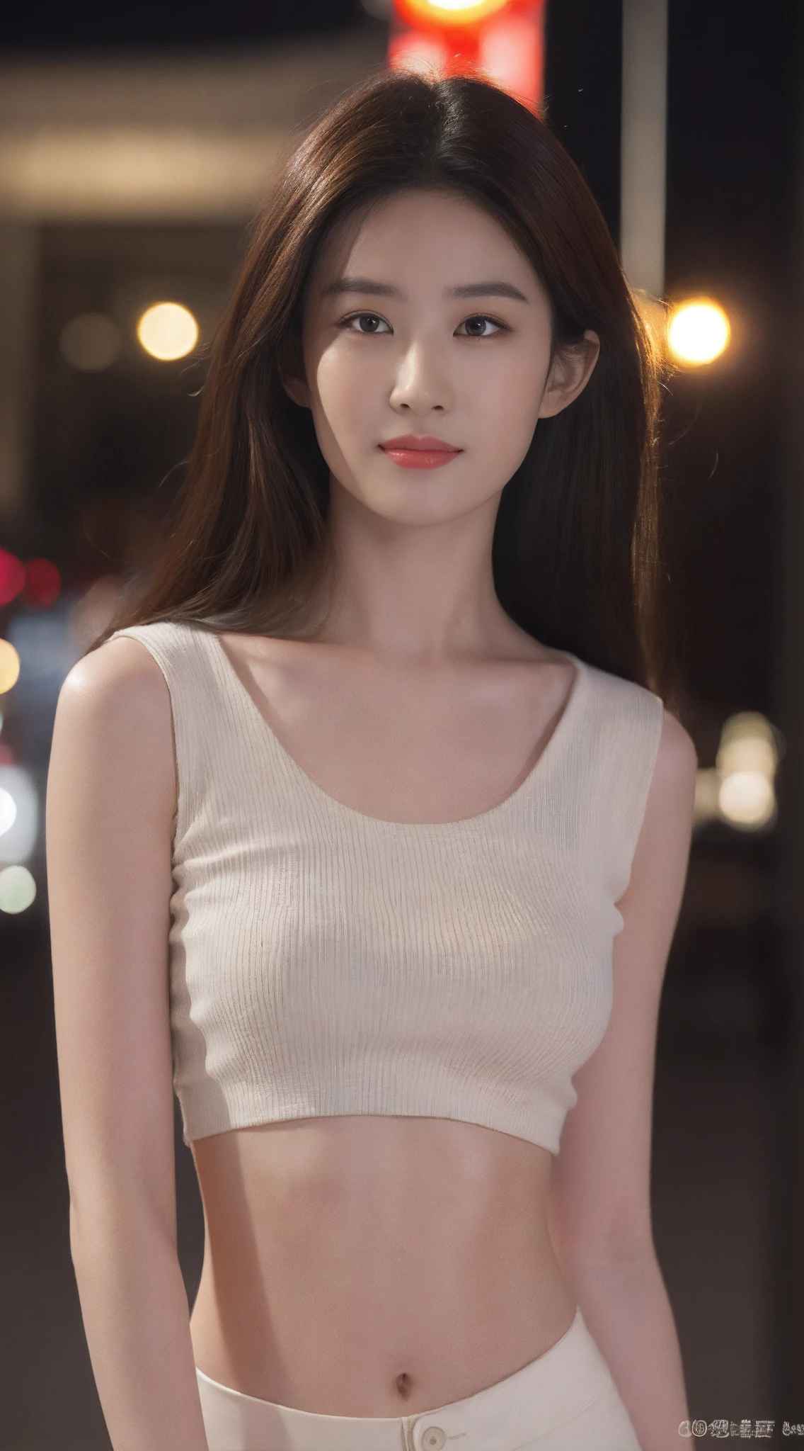 ((Realistic lighting, Best quality, 8K, Masterpiece: 1.3)), Clear focus: 1.2, 1girl, Perfect beauty: 1.4, Big breasts: 1.2, Slim abs: 1.1, ((dark brown hair)), (White crop top: 1.4), (Outdoor, night: 1.1), City streets, Super fine face, fine eyes, Double eyelids,