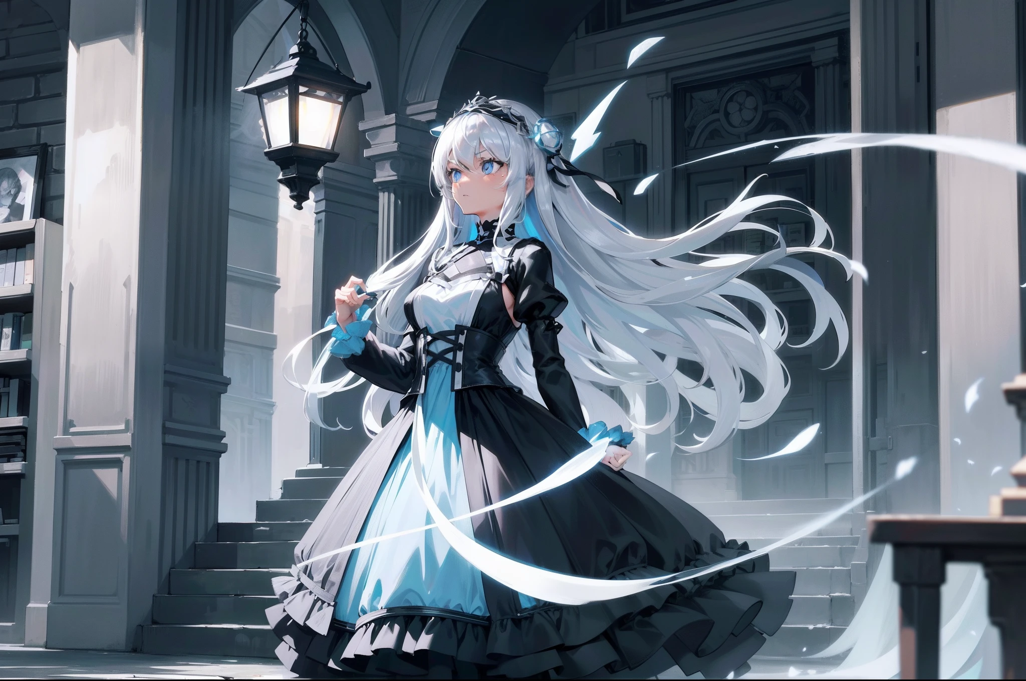 Silver-gray hair,long whitr hair,s girl,Two black headbands,Light blue eyes,Black and white dress,holding a lantern,Pristine wind,4K,The background is a bookstore