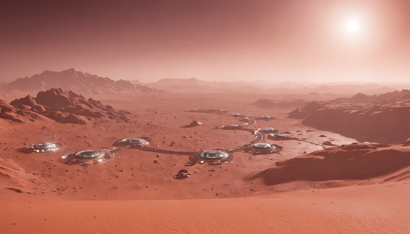 Cyberpunk city on the Tuopia Planitia, on Mars, night, view from afar, neon lights, Unreal Engine 5 render