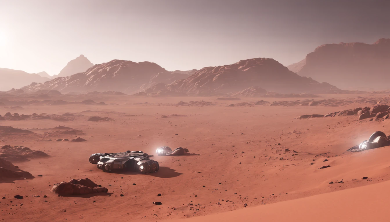 Cyberpunk city on the Tuopia Planitia, on Mars, night, view from afar, neon lights, Unreal Engine 5 render