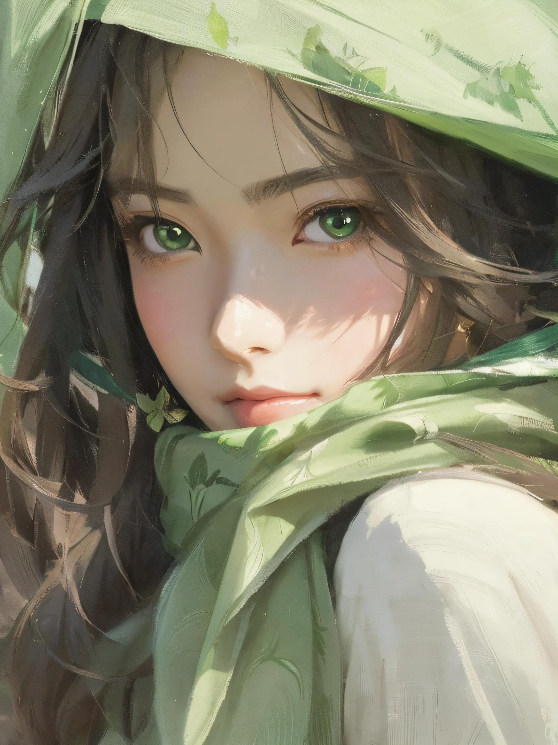 there is a woman with a green scarf on her head, artwork in the style of guweiz, guweiz, stunning anime face portrait, beautiful anime portrait, detailed portrait of anime girl, beautiful anime face, light green tone beautiful face, beautiful character painting, close up of a young anime girl, soft anime illustration, detailed digital anime art, dreamy green eyes