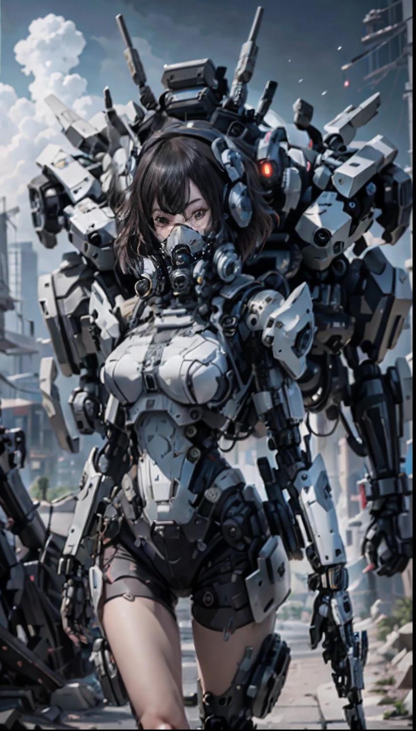 This is a hyper-detail、High resolution and top quality CG Unity 8k wallpaper，The style is cyberpunk，predominant white color。In the picture, A short haircut，Beautiful girl with white and messy hair appears，s delicate face，Wearing a steam mech mask，standing on ruins，Behind him is a huge robot，The action of a woman holding a heavy sniper rifle in her hand，