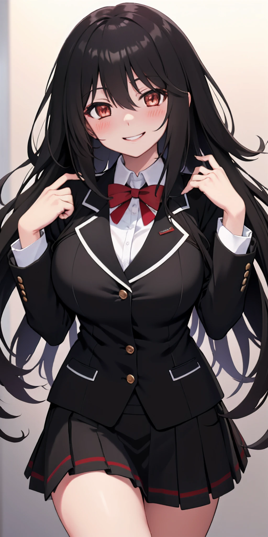 Twin tails、Black Hair、Slanted Eyes、Round eyes、pretty girl、Spoiled brat、Little devil、uniform、Thin chest、Tongue out、Crossing your legs