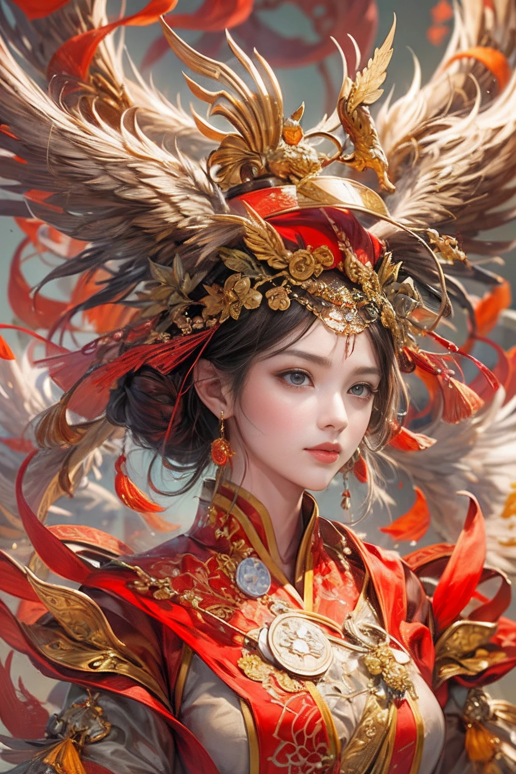A woman in a red Chinese costume stands next to a supercar,Exquisite phoenix crown,anatomy correct,A detailed eye, 二重まぶた,Whiten skin,delicate patterned,Oriental elements,Ink painting style, Clean colors,Golden space, Soft lighting, ( Bokeh),Masterpiece, Super detailed, Epic composition, Highest quality, 4K