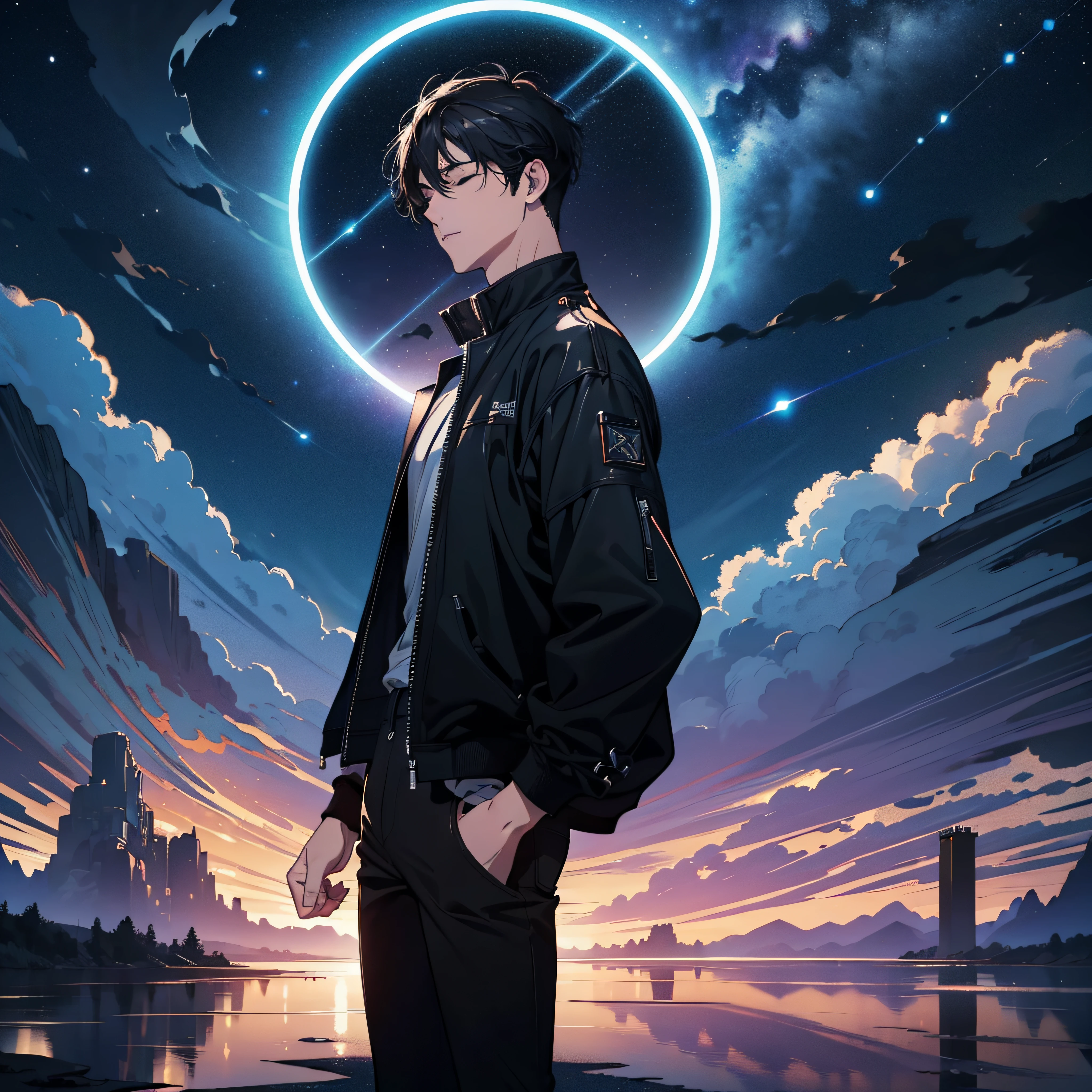 ((Best Quality, 8K, Masterpiece)), landscape, in front of portal, closed eyes, young man with black hair, black jeans, amazing scenery, hundreds of stars forming a circle, center of cyborg city, futures, bring magic power, the edge of the world, outstanding art, reflection.