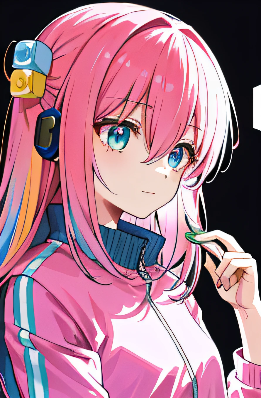 gotou hitori，hight contrast, (Best illumination, Extremely Delicately Beautiful), ((Cinematic light )), Colorful, Hyper-detailing, Pink jacket， tracktop jacket，Dramaticlight, Complicated details, (1 rapariga, 独奏, Pink hair,  Hair between both eyes, dynamic angle), white backgrounid，full bodyesbian，Close-up of face，((talking on phone)),