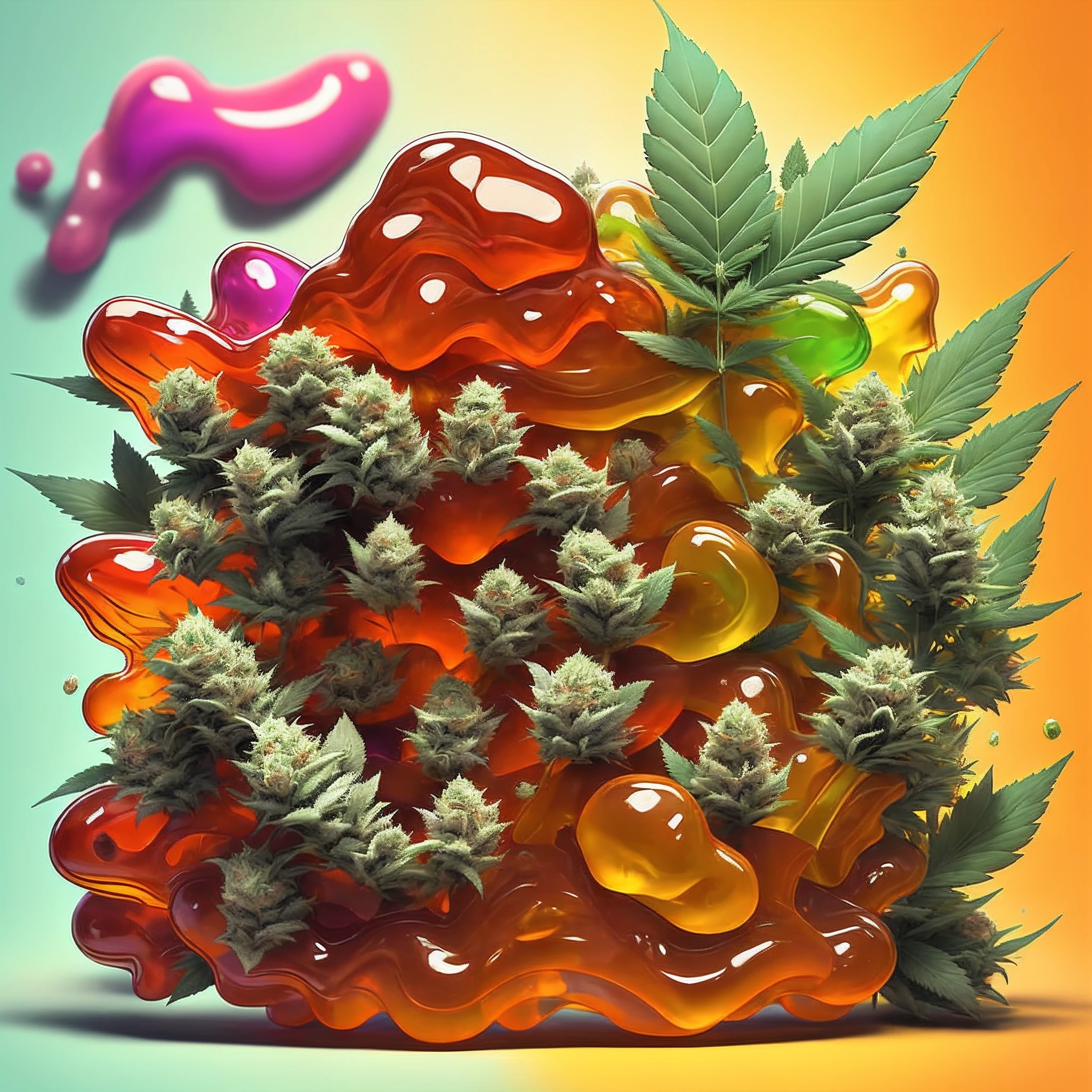 I need a logo for a cannabis-infused gummy business. The logo should reflect the fun and playful nature of the product. It should incorporate elements that represent both the cannabis plant and gummy candies. The logo should also convey a sense of quality and professionalism to assure customers of the product's safety and effectiveness. The colors used in the logo should be vibrant and eye-catching, while still maintaining a sense of sophistication. Overall, the logo should be memorable and easily recognizable, helping to establish the brand identity of the cannabis-infused gummy business.