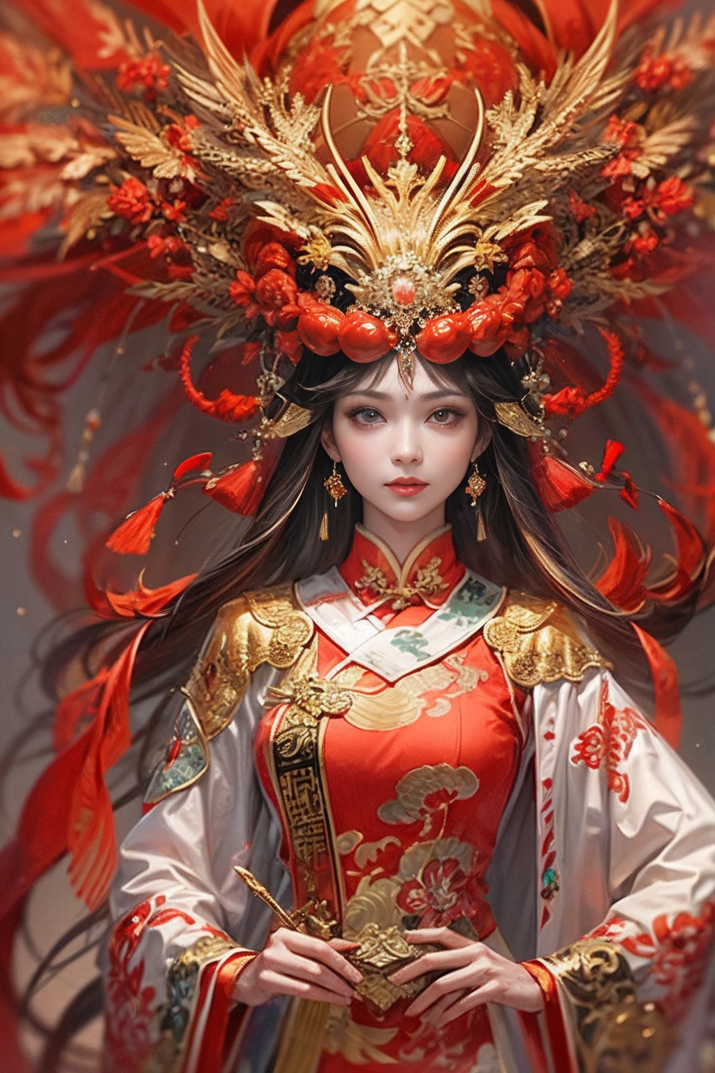 A woman in a red Chinese costume stands next to a supercar,Exquisite phoenix crown,anatomy correct,A detailed eye, 二重まぶた，Whiten skin，delicate patterned，Oriental elements，Ink painting style, Clean colors,Golden space, Soft lighting, ( Bokeh)，Masterpiece, Super detailed, Epic composition, Highest quality, 4K