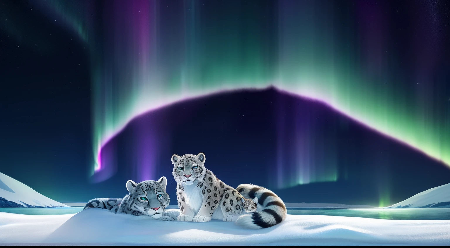 Furry Fur，Furry snow leopard，Lovely image，snow leopard，Cute furry，Lying on an ice boat，Beautiful aurora, Long, Fluffy tail，In the Arctic，The ship is brightly lit，Cubs，is in night，nigh sky, Winters，stars，Close-up of cute characters