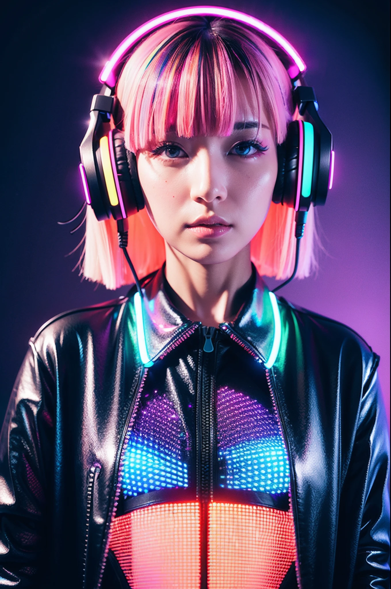 Upper body portrait, japanes, Cute girl isometric section 3D hologram, hair of Multi-colors, Long bob cut, Wearing headphones, Wear the clothes of the future, large full breasts, Black and pink neon lights, Blender UHD Rendering, Neon Light Backgrounds - Raw Style - AR 3:2