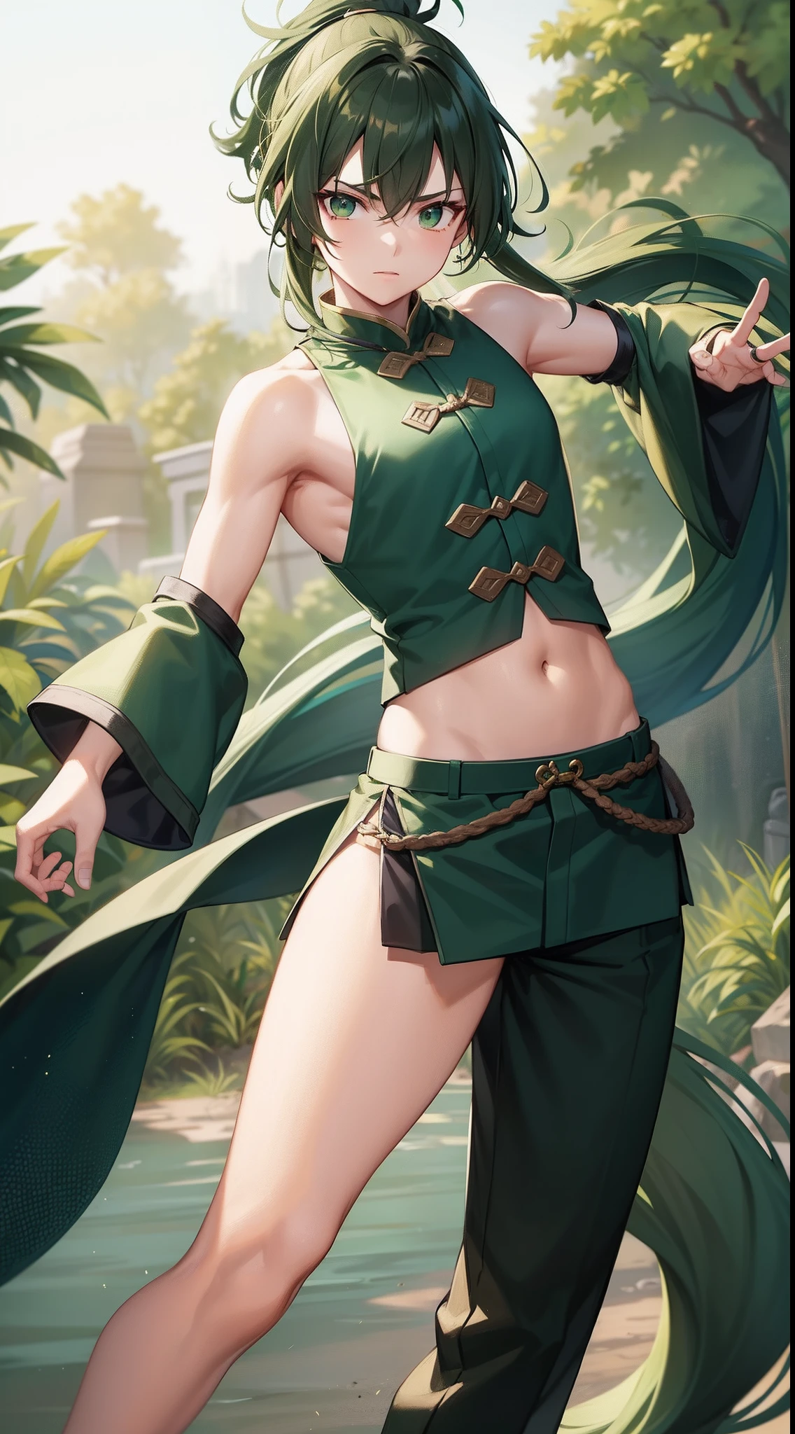 young boy, long dark green hair, high ponytail, Green eyes, Battle with Hanfu, Sleeveless, open belly, pants, Masterpiece, hiquality