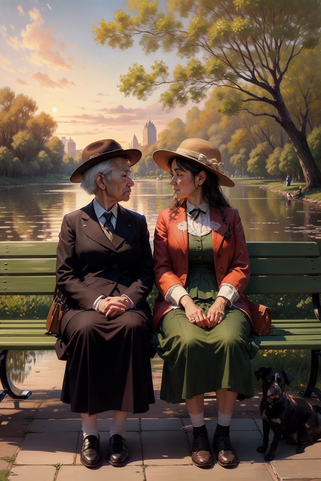 Two elderly sitting on the bench in the Central Park, Watching sunset, children playing freebies, people walk the dogs, oil painting, Style Claude Monet