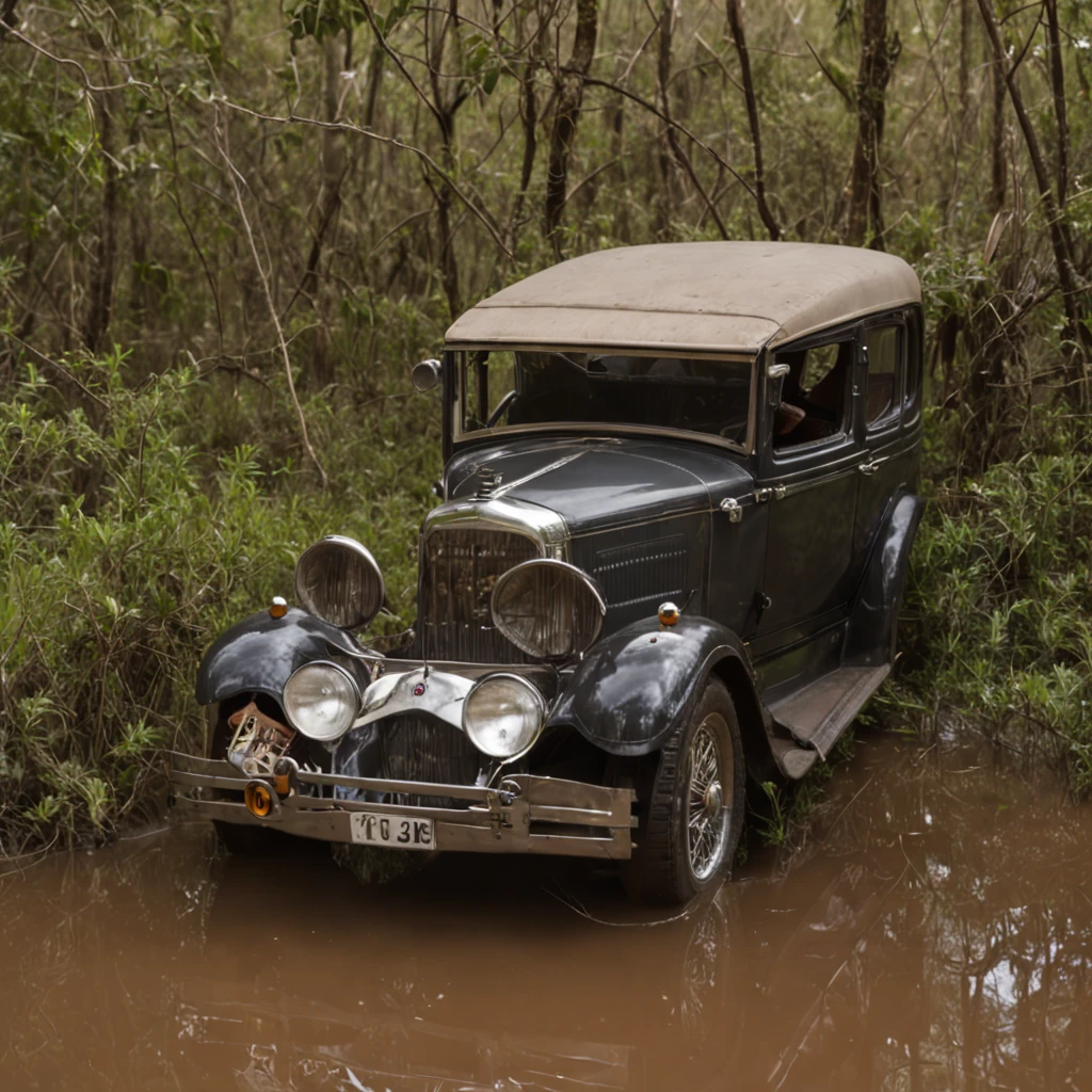 a car on a road very close to a swamp and 10cm from the water of the swamp , cheio de jacares com a boca aberta para abocanhar o carro