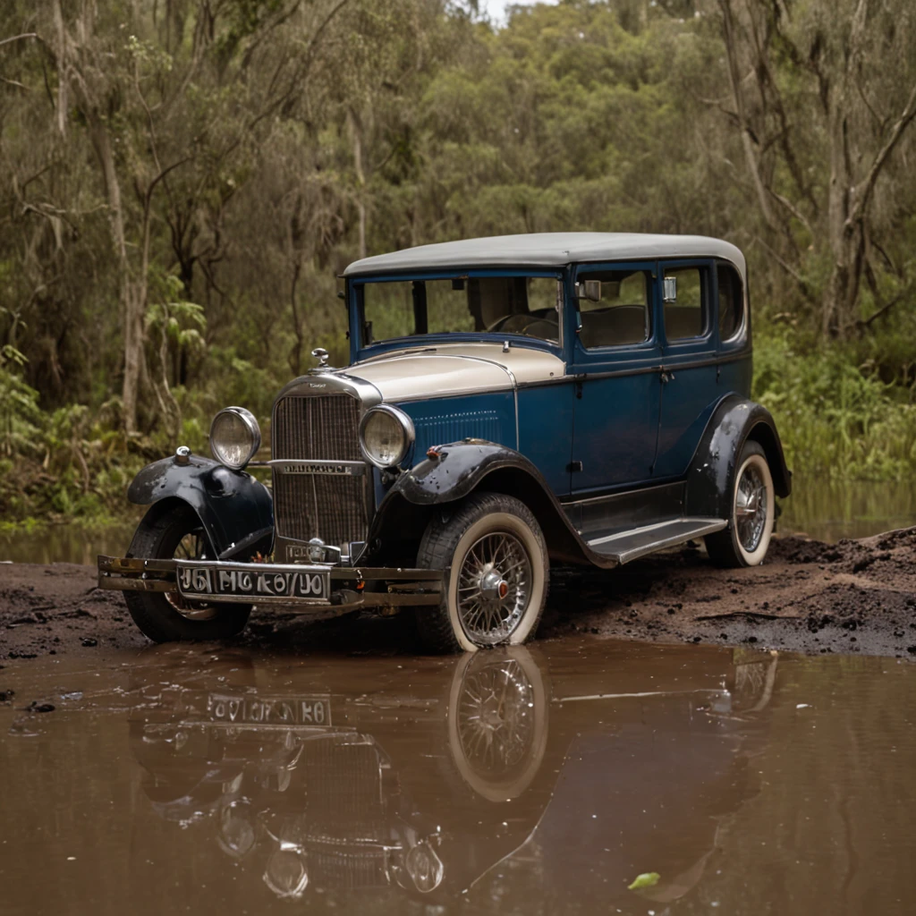 a car on a road very close to a swamp and 10cm from the water of the swamp , cheio de jacares com a boca aberta para abocanhar o carro