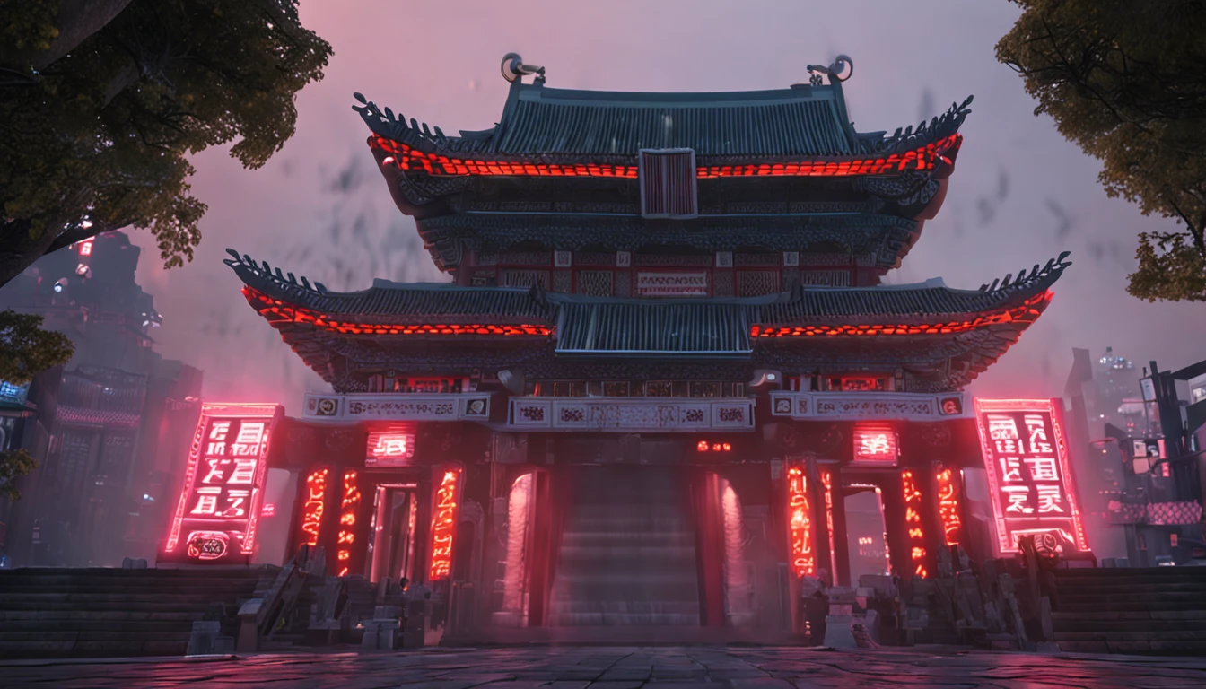 Close-up of Beijing Drum Tower，Ancient architecture combined with the city of the future，Cyberpunk night view，Front view，フォトリアリスティック，cinematic Film still from