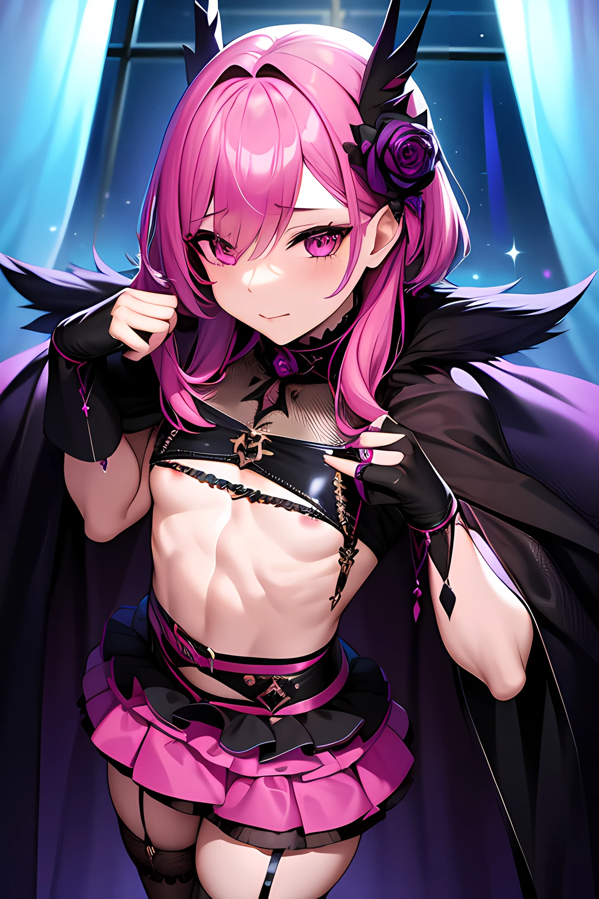 feminine male, (toned muscles), {1boy}, {otoko no ko}, {flat chest}, {trap}, {femboy} in a pink skirt, pink fishnet stocking over latex stocking wearing a chastity cage over his penis, dressed in crustpunk clothing, gothic outfit, inspired by Aramenta Dianthe Vail, floralpunk elysian maiden, gothic girl, fantasy outfit, wearing fantasy formal clothing