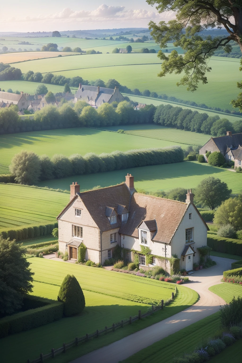 farms,idyllic,wheat field,There are houses and lots of trees, english village, manicured garden of eden, Beautiful English garden, beautiful english countryside, English countryside, Residence and garden, lush countryside,
