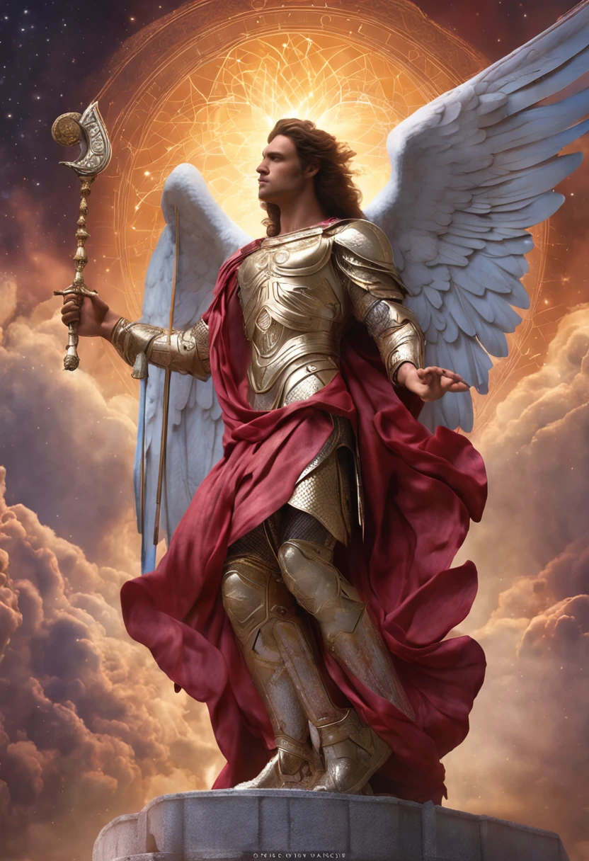 um personagem masculino, o arcanjo Miguel, imagem celestial, detalhes intricados, realista, asas ROSAS e grandes, fundo angelical, Catholic illustrative image of the archangel Michael, Male character of the Bible, Michael is wearing his angelic armor, cosmic background, Illumination in the Archangel and in the background, imagem do corpo todo do anjo, Maximum detail and his angelic face and wings, pele perfeita realista, Maximum image quality, Miguel ele esta destacado na imagem com cores fortes e chamativas.