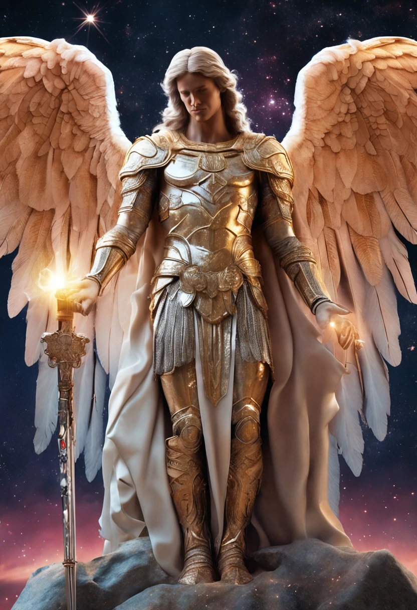 um personagem masculino, o arcanjo Miguel, imagem celestial, detalhes intricados, realista, asas ROSAS e grandes, fundo angelical, Catholic illustrative image of the archangel Michael, Male character of the Bible, Michael is wearing his angelic armor, cosmic background, Illumination in the Archangel and in the background, imagem do corpo todo do anjo, Maximum detail and his angelic face and wings, pele perfeita realista, Maximum image quality, Miguel ele esta destacado na imagem com cores fortes e chamativas.
