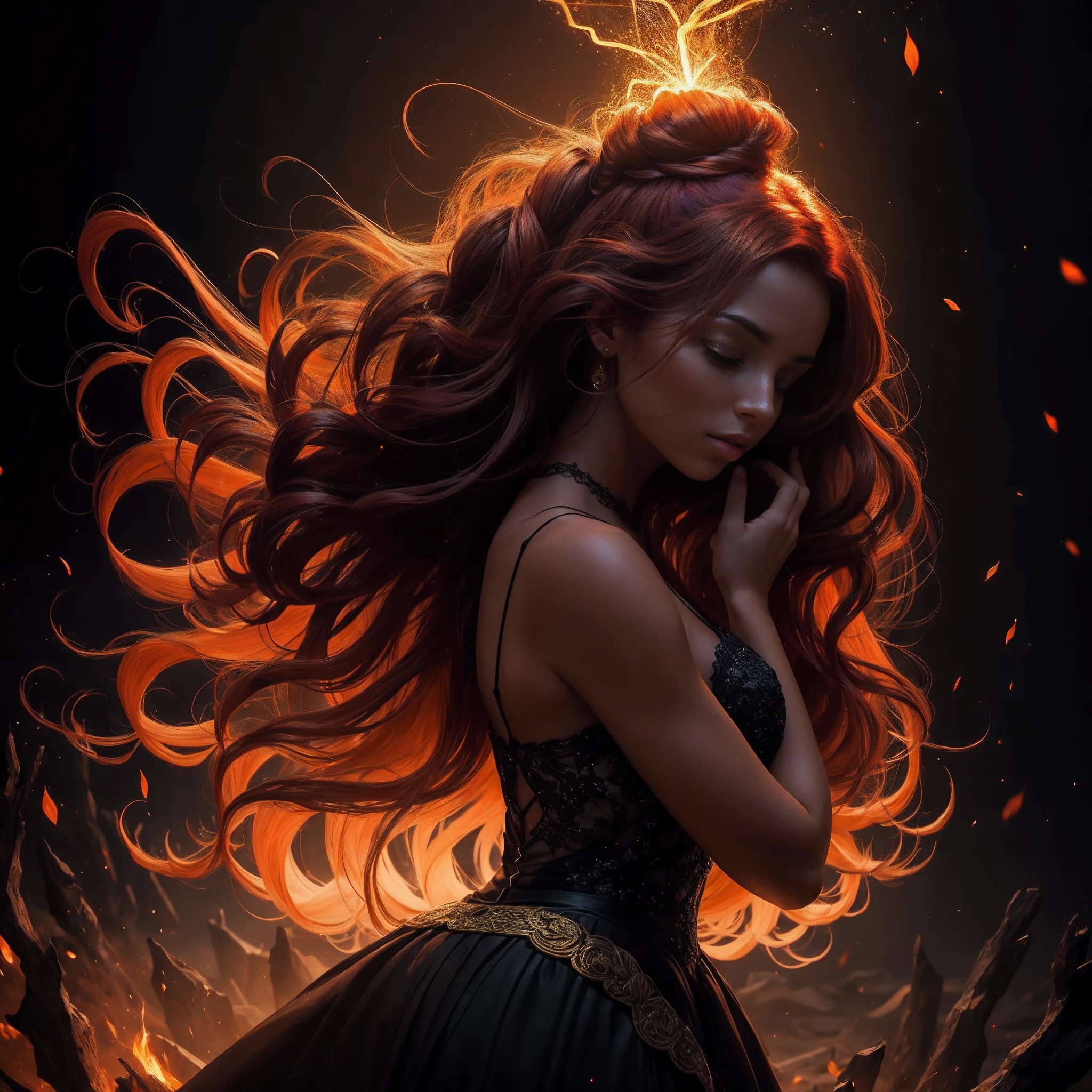 (obra maestra) (La mejor calidad) In a dark room of a strange reddish mist and golden sparks emerges a beautiful and beautiful witch of demonic appearance and great magical powers. Her hair is being lifted upward by a mysterious wind.