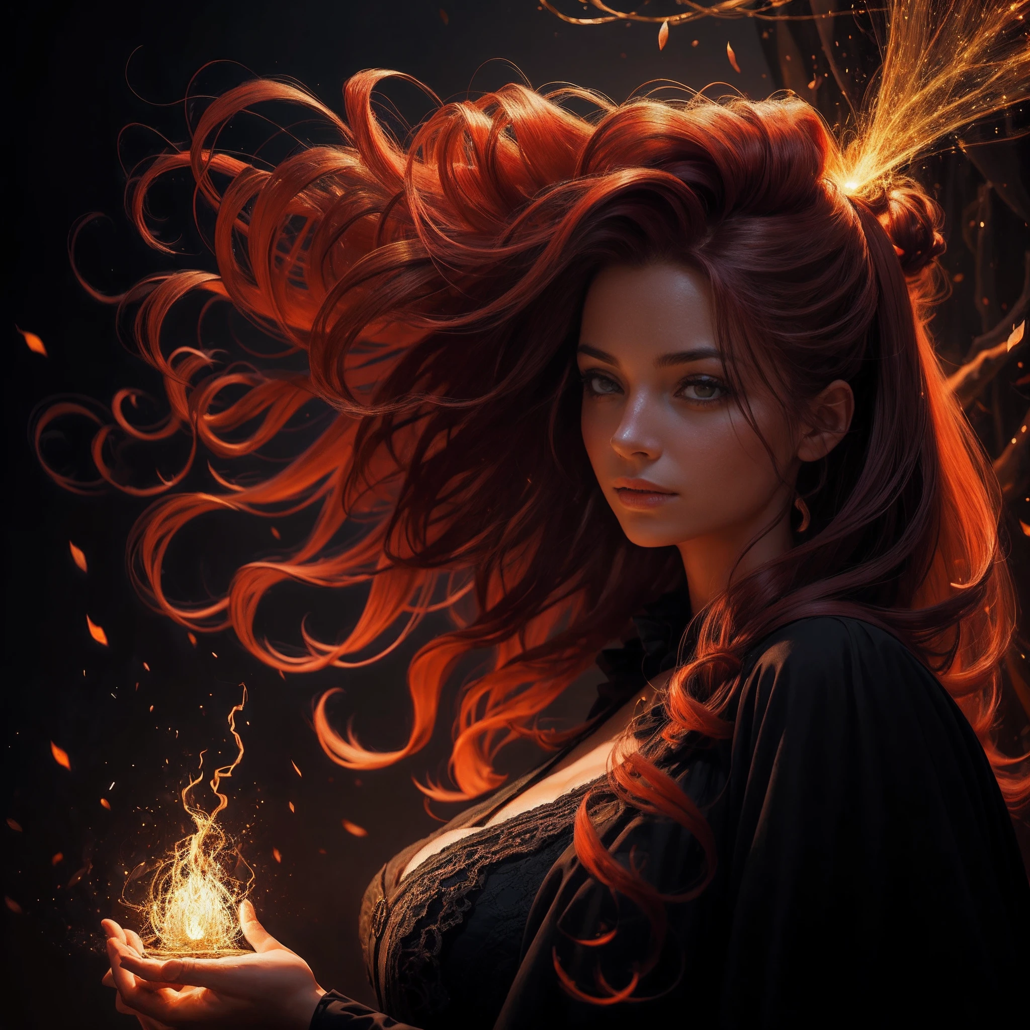 (obra maestra) (La mejor calidad) In a dark room of a strange reddish mist and golden sparks emerges a beautiful and beautiful witch of demonic appearance and great magical powers. Her hair is being lifted upward by a mysterious wind.