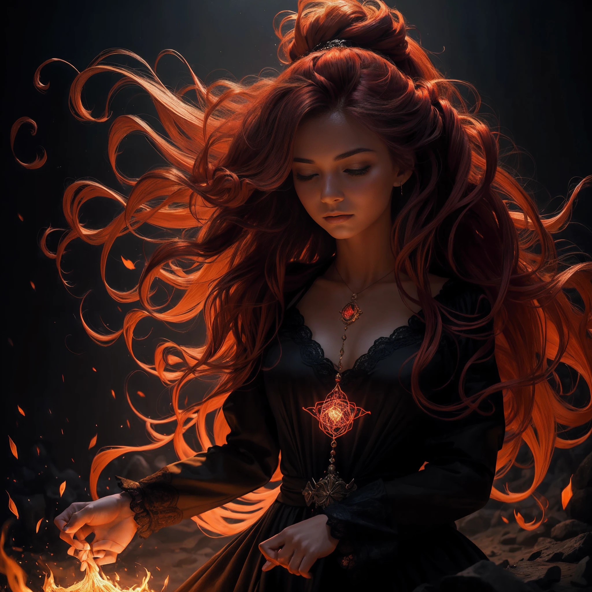 (obra maestra) (La mejor calidad) In a dark room of a strange reddish mist and golden sparks emerges a beautiful and beautiful witch of demonic appearance and great magical powers. Her hair is being lifted upward by a mysterious wind.