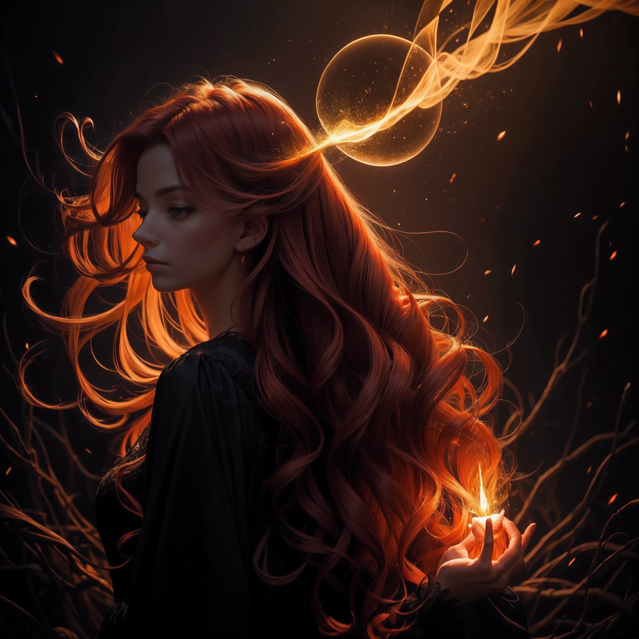 (obra maestra) (La mejor calidad) In a dark room of a strange reddish mist and golden sparks emerges a beautiful and beautiful witch of demonic appearance and great magical powers. Her hair is being lifted upward by a mysterious wind.