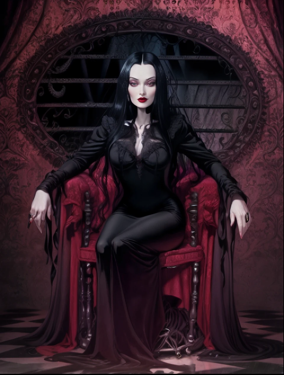 vampire girl, long black hair, middle age, full of blood, sexy middle age noble clothing, (((blood in the mouth))), slight smile, in a palace room, sitting in a luxurious armchair, large window with night view, dim light , sepia toned, (art inspired by Bill Sienkiewicz). oil painting