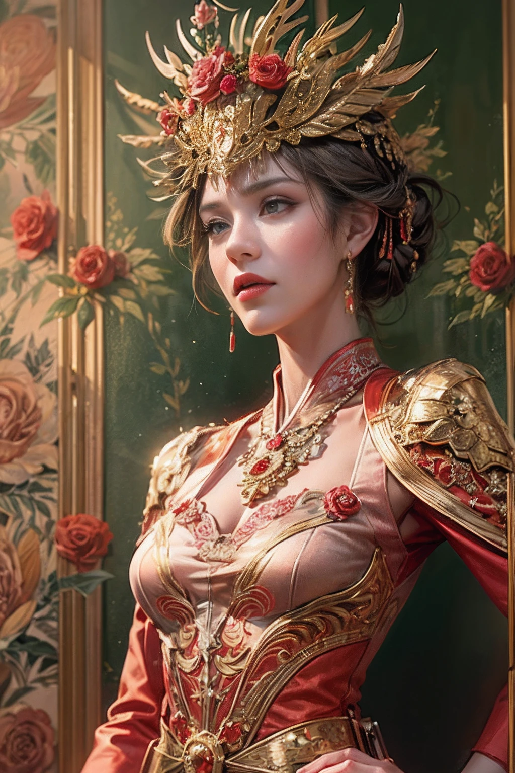 Next to the car stood a woman dressed in red and gold in a middle-shirt, Super car,luxurious wheels，Phoenix crown,anatomy correct, (Exquisite helmet)，Delicate pattern，Oriental elements，Ink painting style, Clean colors,Pink rose space, Soft lighting, ( Bokeh)，Masterpiece, Super detailed, Epic composition, Highest quality, 16k，