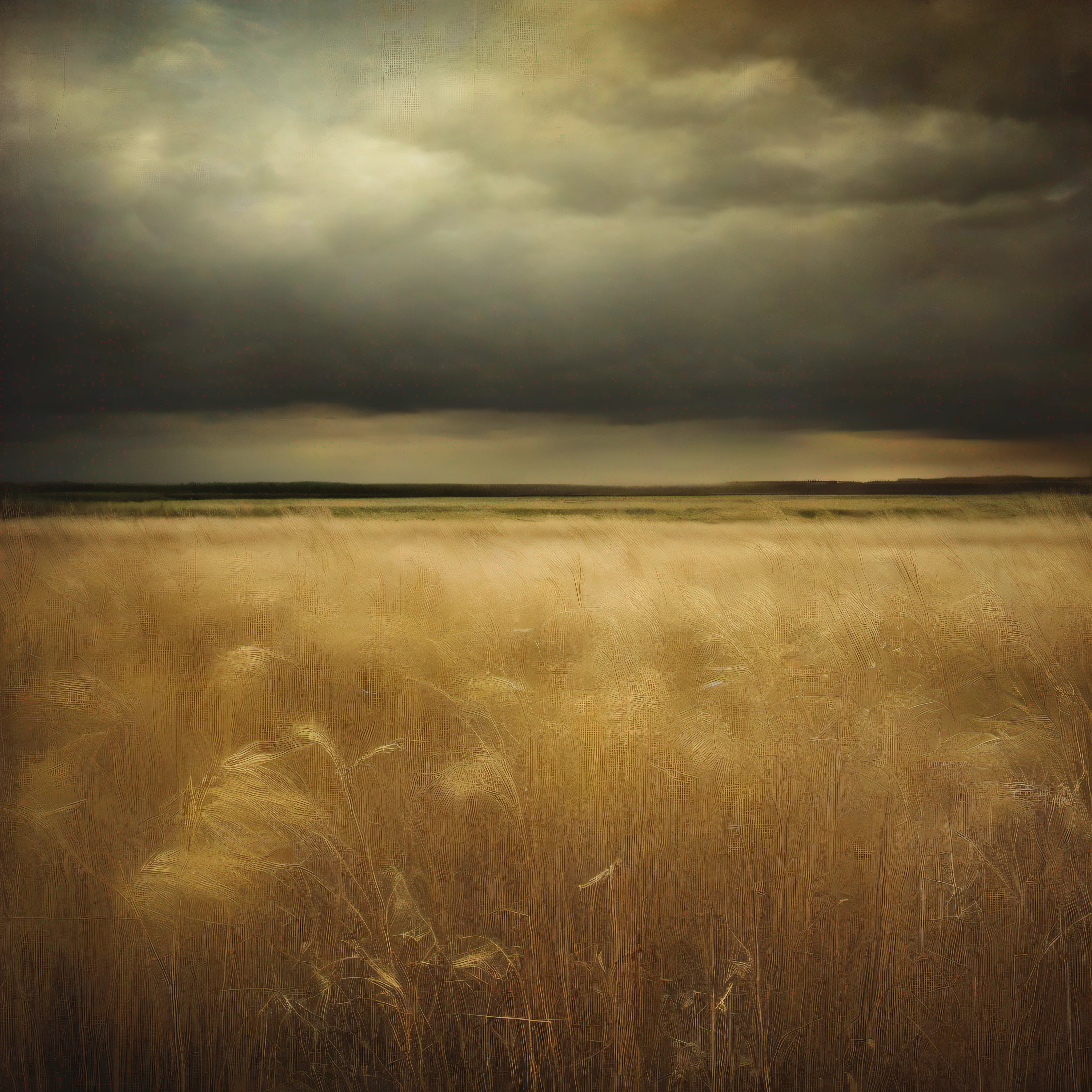 a field of tall grass with a cloudy sky in the background, inspired by Katia Chausheva, in a dried out field, golden grasslands, archival pigment print, vibrant but dreary gold, dry grass, by Katia Chausheva, in an empty field, long grass, field - blur, steppe, maurice sapiro, prairie, highly textured landscape