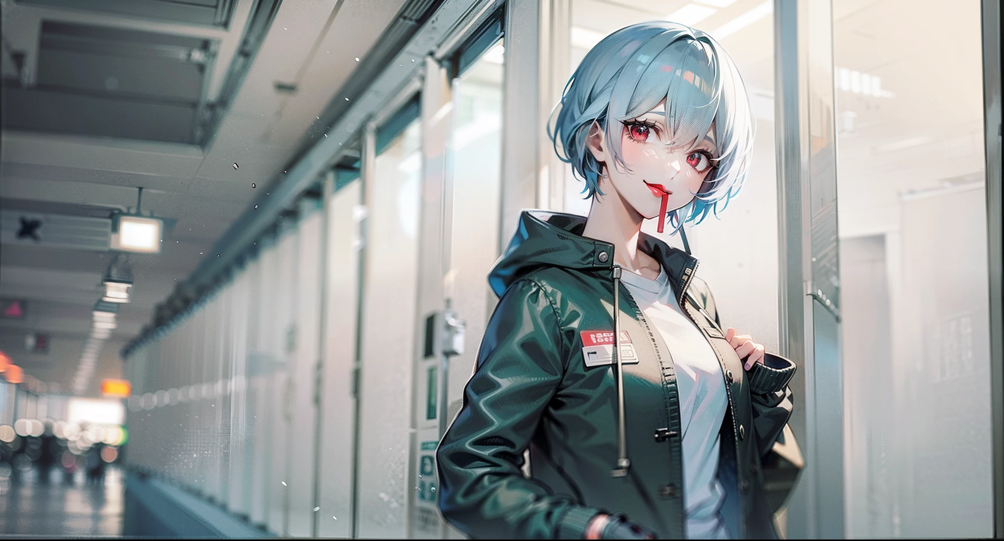 Anime image of a woman with light blue hair and a black jacket, A white shirt is worn under a black jacket,red lipstick on his mouth,Look at you with red eyes,Smile at you,Anime girl Rei Ayanami Majin, Leaning on the pillars of the subway,from evangelion